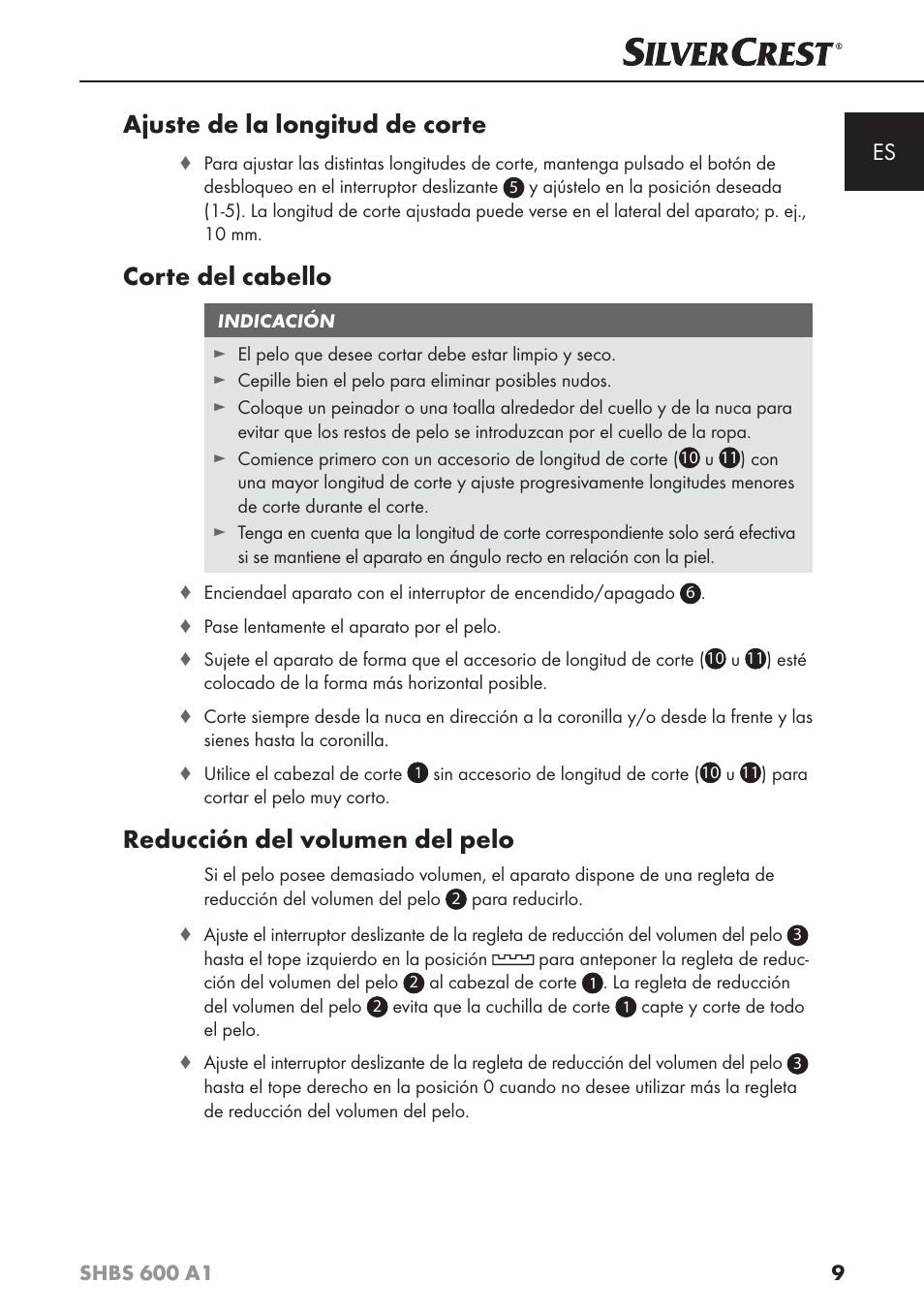 Ajuste de la longitud de corte, Corte del cabello, Reducción del volumen del pelo | Silvercrest SHBS 600 A1 User Manual | Page 12 / 74