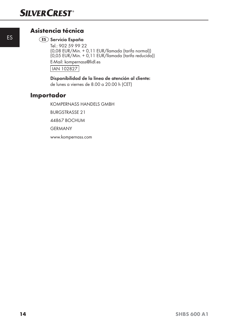 Asistencia técnica, Importador | Silvercrest SHBS 600 A1 User Manual | Page 17 / 74