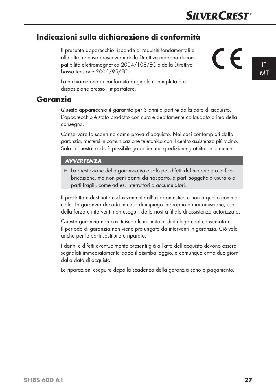 Indicazioni sulla dichiarazione di conformità, Garanzia, It mt | Silvercrest SHBS 600 A1 User Manual | Page 30 / 74