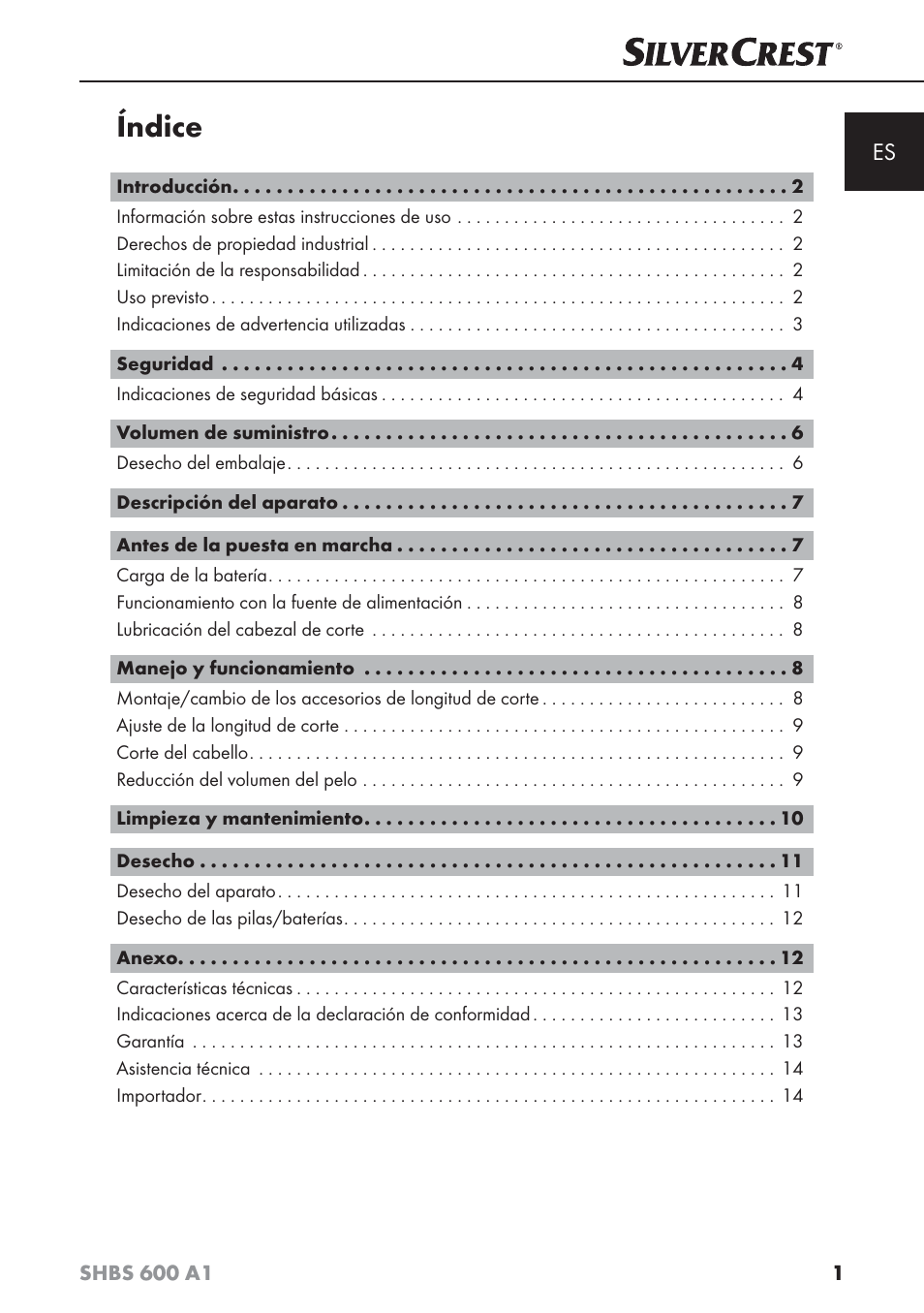 Índice | Silvercrest SHBS 600 A1 User Manual | Page 4 / 74