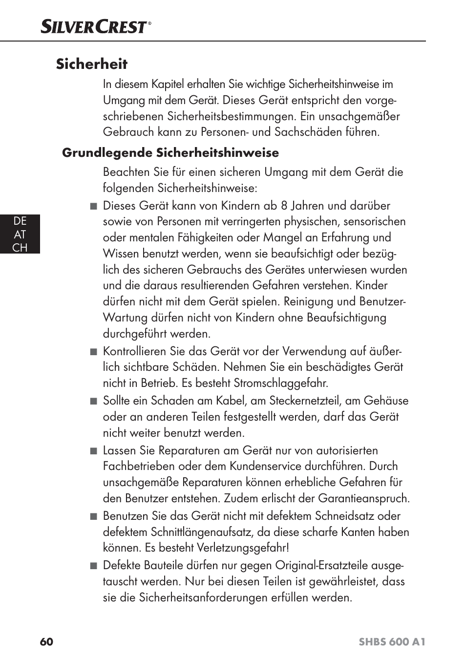 Sicherheit | Silvercrest SHBS 600 A1 User Manual | Page 63 / 74