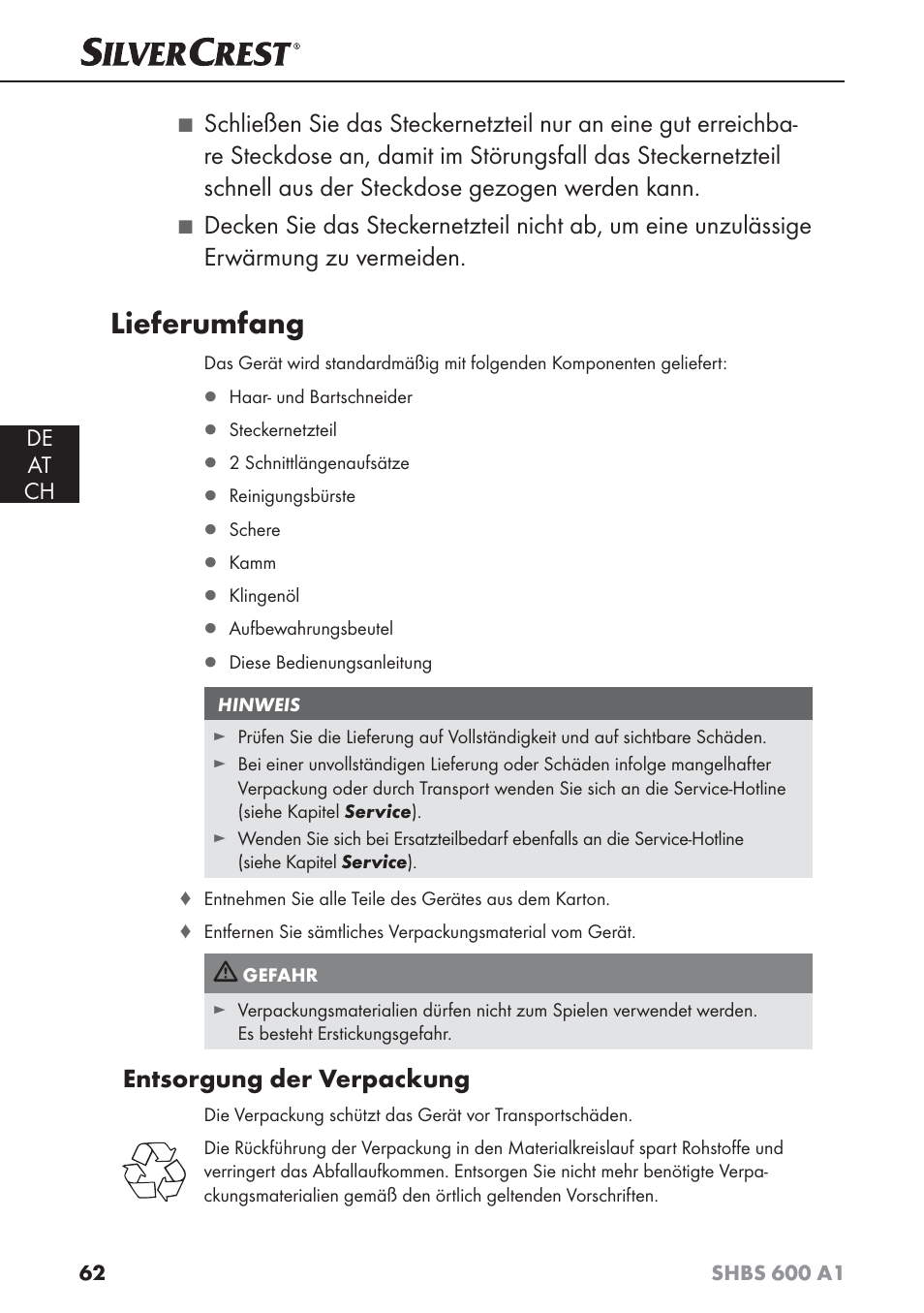 Lieferumfang, Entsorgung der verpackung, De at ch | Silvercrest SHBS 600 A1 User Manual | Page 65 / 74