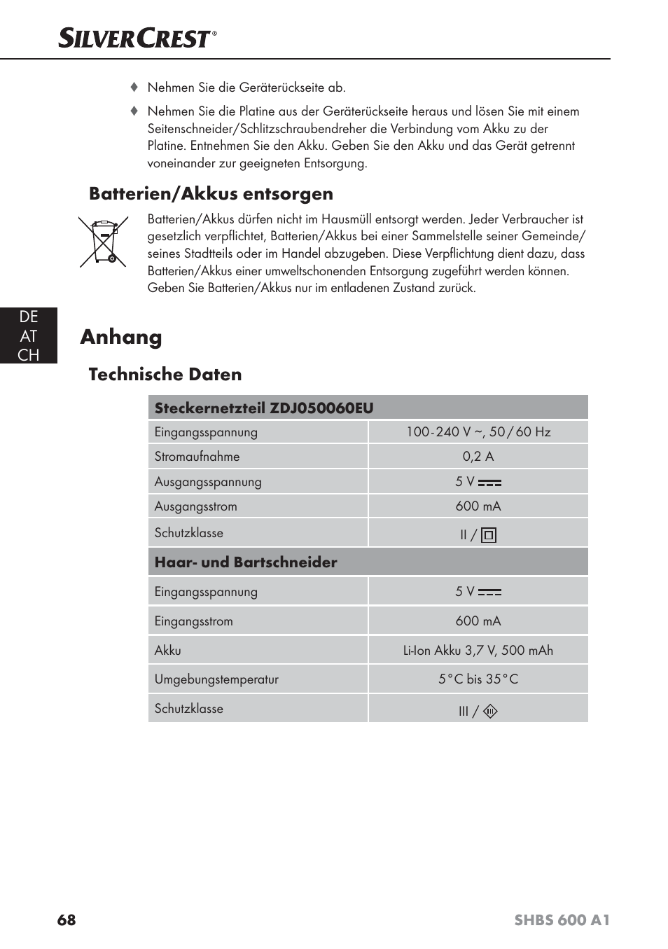 Anhang, Batterien/akkus entsorgen, Technische daten | De at ch | Silvercrest SHBS 600 A1 User Manual | Page 71 / 74