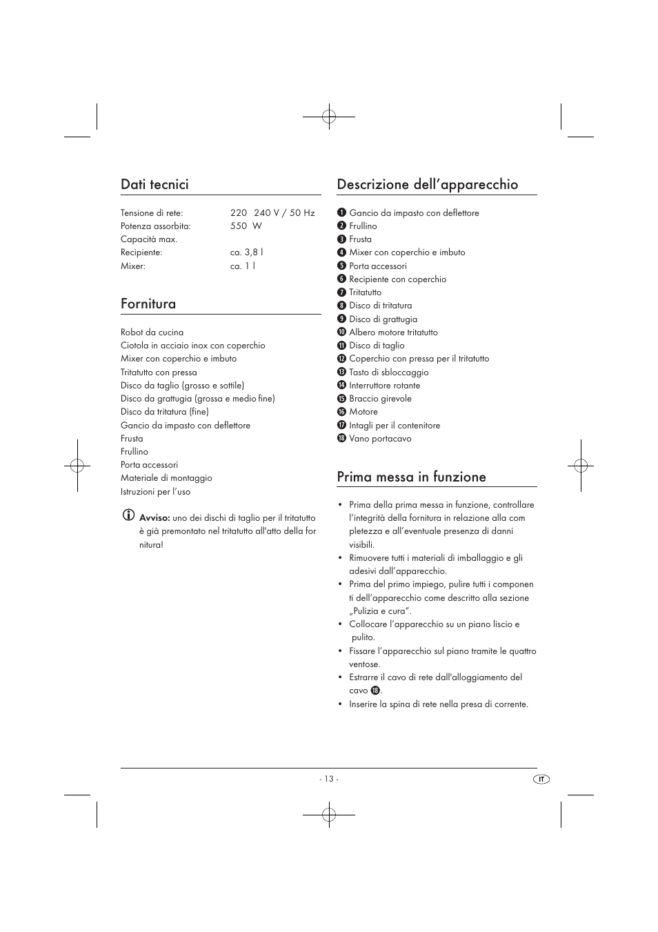 Dati tecnici, Fornitura, Descrizione dell’apparecchio | Prima messa in funzione | Silvercrest SKM 550 EDS A1 User Manual | Page 15 / 52