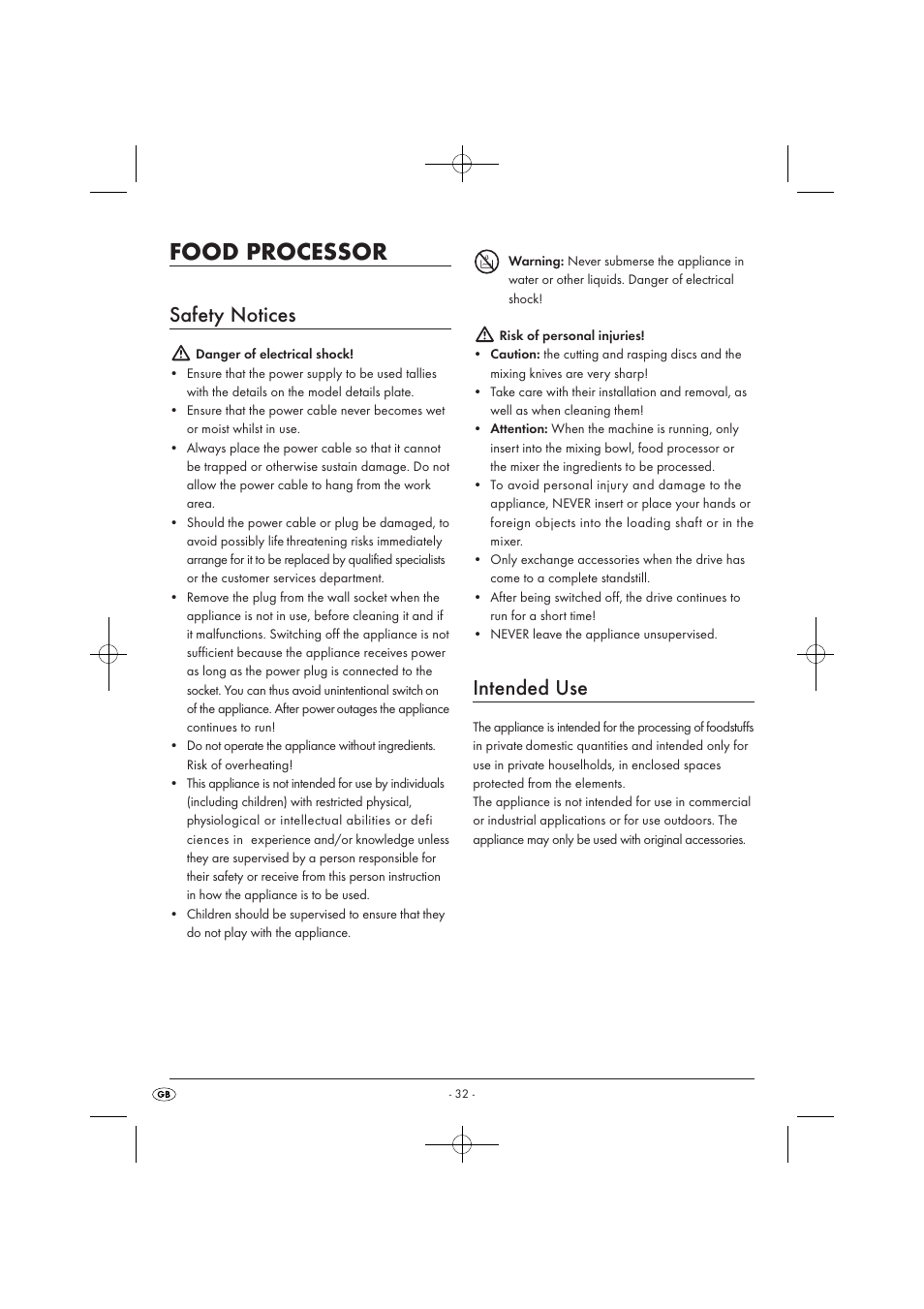 Food processor, Safety notices, Intended use | Silvercrest SKM 550 EDS A1 User Manual | Page 34 / 52