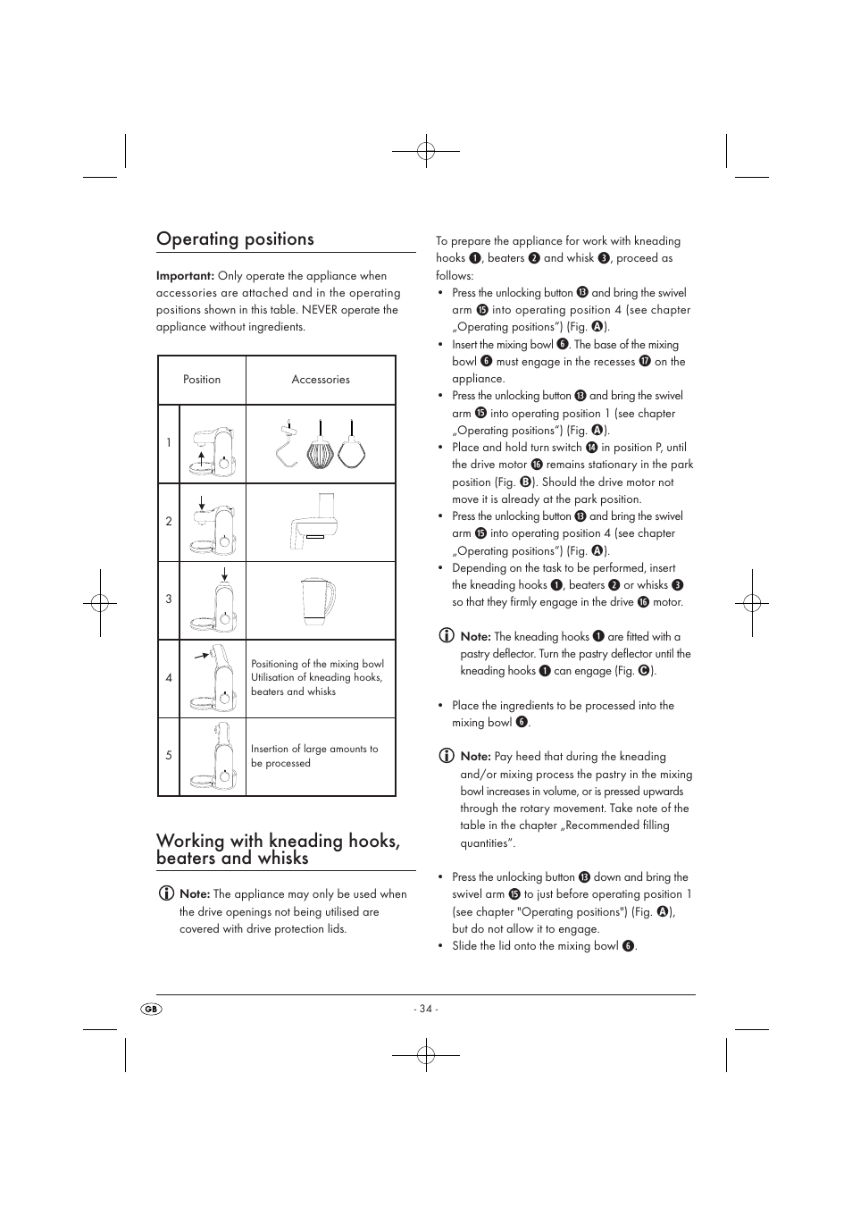 Operating positions, Working with kneading hooks, beaters and whisks | Silvercrest SKM 550 EDS A1 User Manual | Page 36 / 52