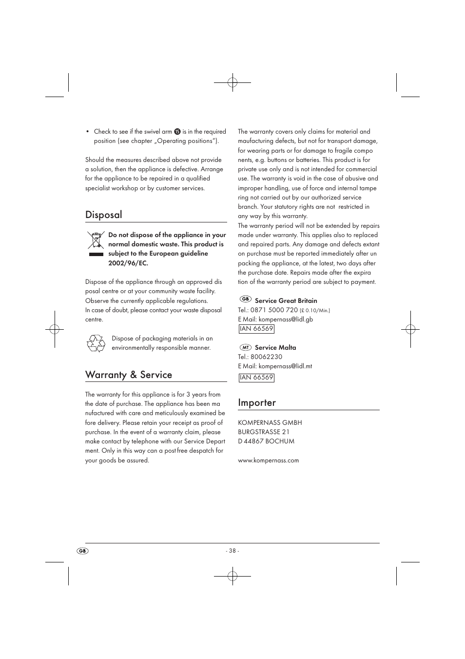 Disposal, Warranty & service, Importer | Silvercrest SKM 550 EDS A1 User Manual | Page 40 / 52