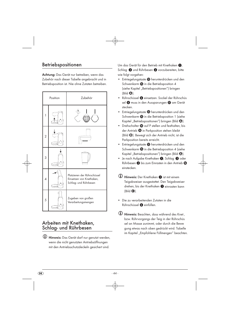 Betriebspositionen, Arbeiten mit knethaken, schlag- und rührbesen | Silvercrest SKM 550 EDS A1 User Manual | Page 46 / 52