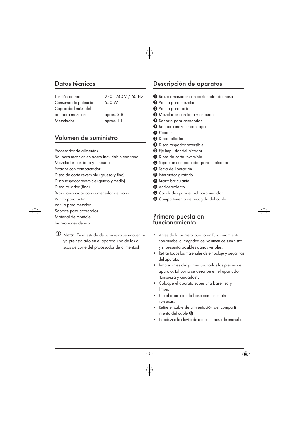 Datos técnicos, Volumen de suministro, Descripción de aparatos | Primera puesta en funcionamiento | Silvercrest SKM 550 EDS A1 User Manual | Page 5 / 52