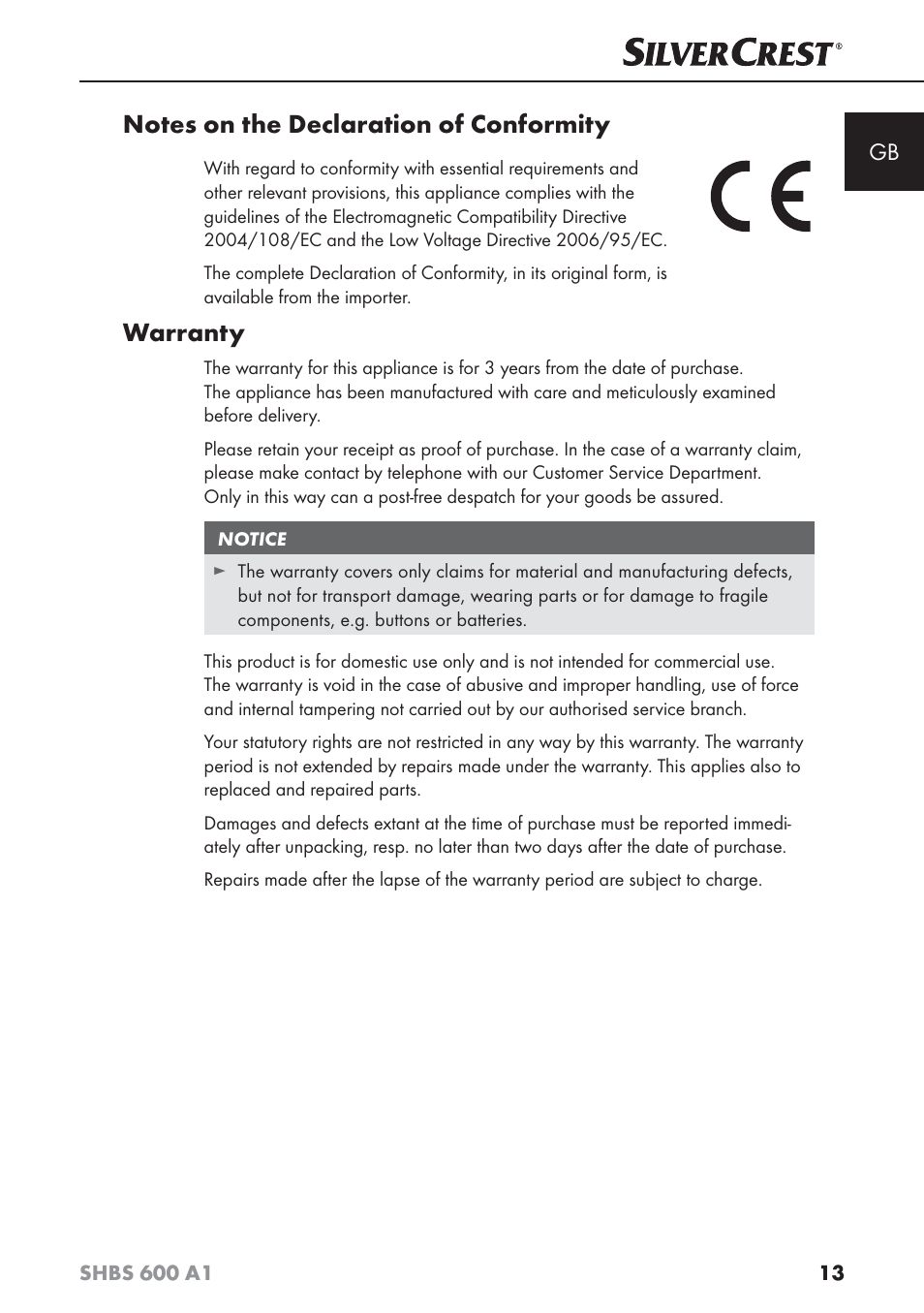 Warranty | Silvercrest SHBS 600 A1 User Manual | Page 16 / 102