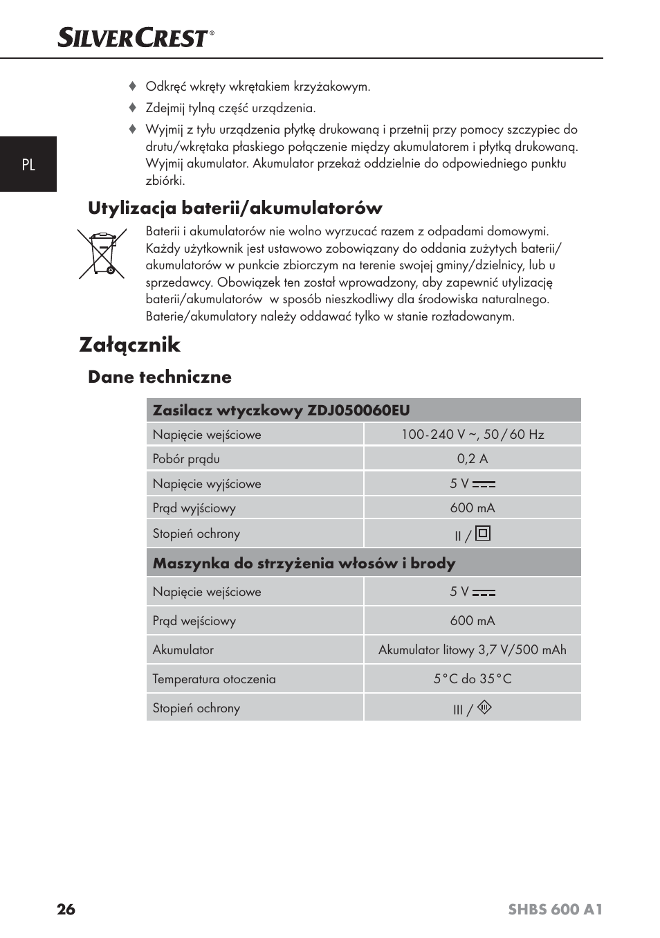 Załącznik, Utylizacja baterii/akumulatorów, Dane techniczne | Silvercrest SHBS 600 A1 User Manual | Page 29 / 102