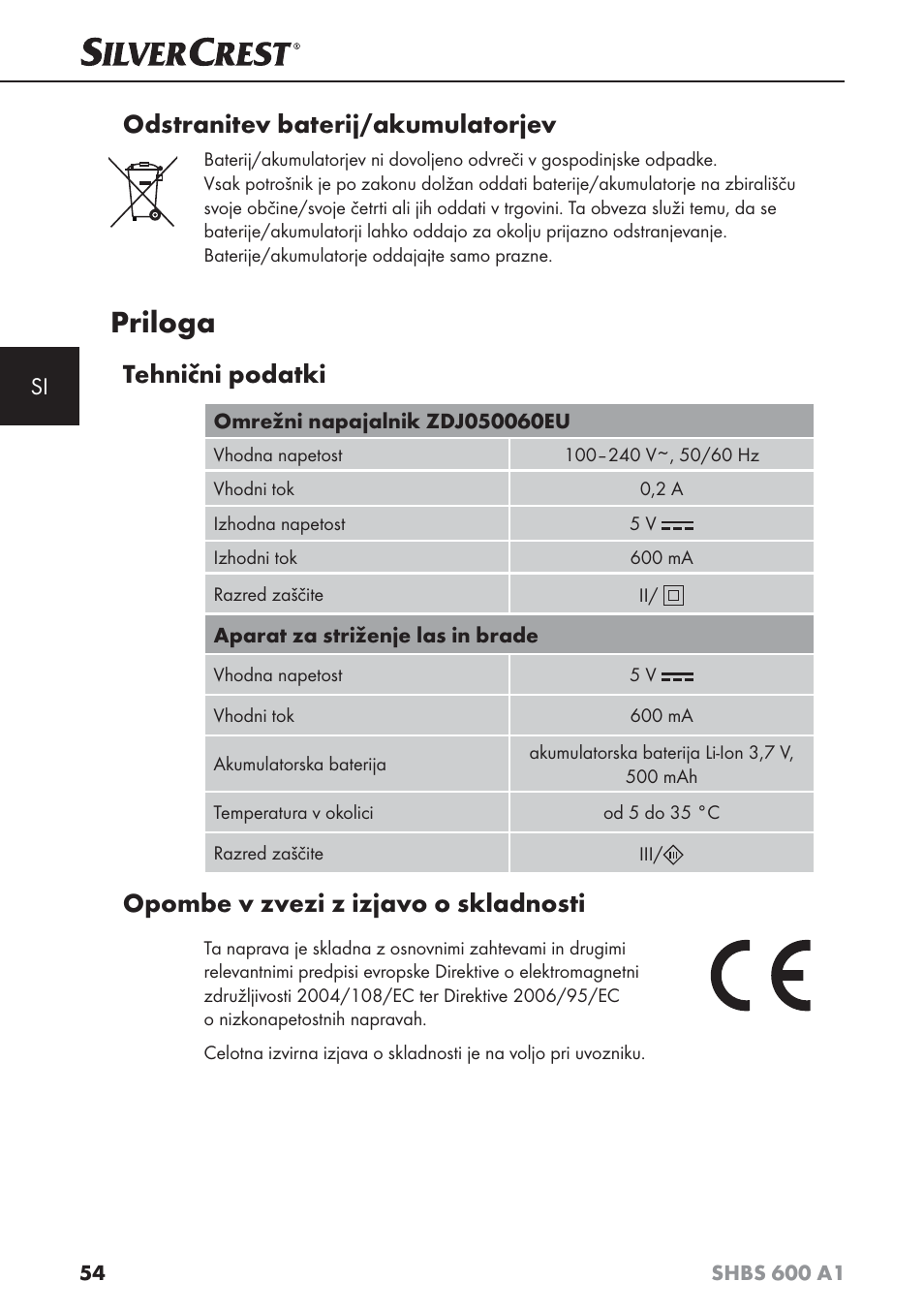 Priloga, Odstranitev baterij/akumulatorjev, Tehnični podatki | Opombe v zvezi z izjavo o skladnosti | Silvercrest SHBS 600 A1 User Manual | Page 57 / 102