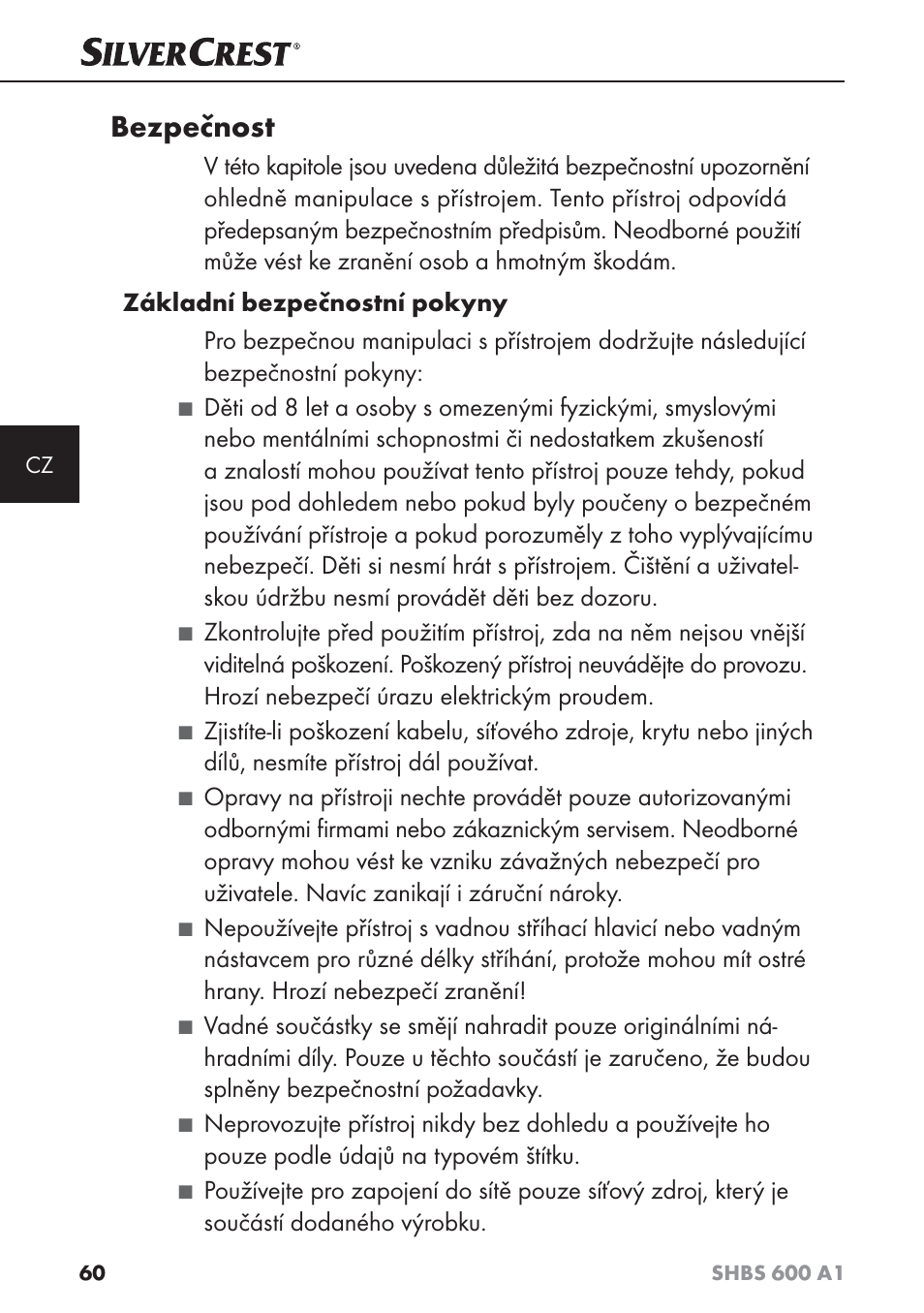 Bezpečnost | Silvercrest SHBS 600 A1 User Manual | Page 63 / 102