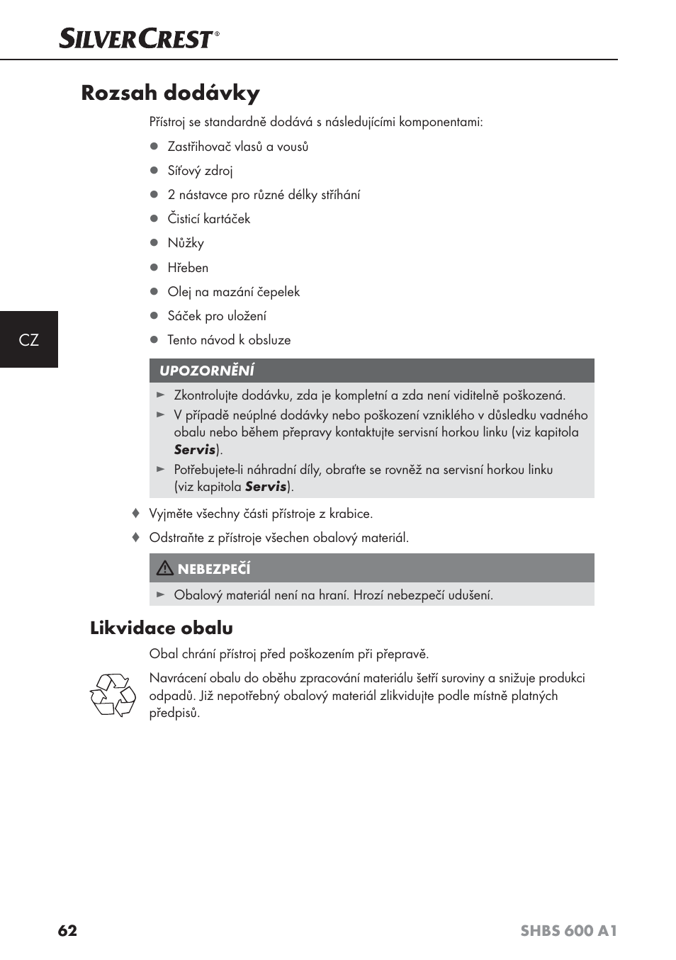 Rozsah dodávky, Likvidace obalu | Silvercrest SHBS 600 A1 User Manual | Page 65 / 102