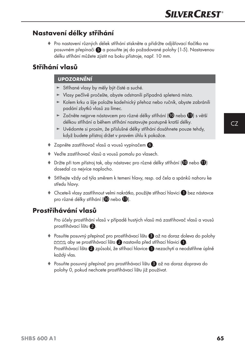 Nastavení délky stříhání, Stříhání vlasů, Prostříhávání vlasů | Silvercrest SHBS 600 A1 User Manual | Page 68 / 102