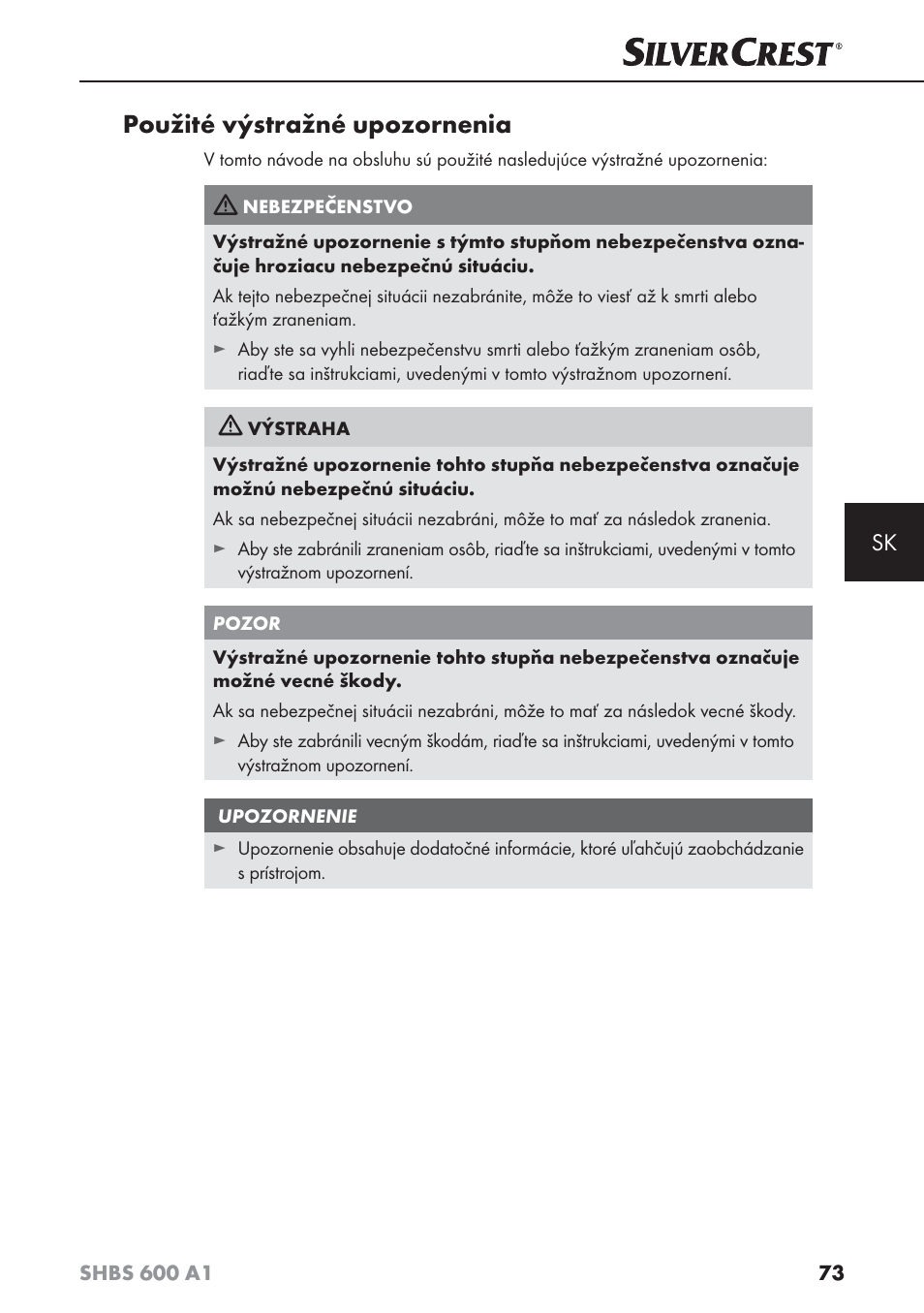 Použité výstražné upozornenia | Silvercrest SHBS 600 A1 User Manual | Page 76 / 102