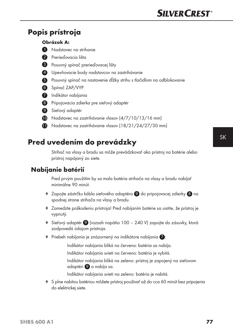 Popis prístroja, Pred uvedením do prevádzky, Nabíjanie batérií | Silvercrest SHBS 600 A1 User Manual | Page 80 / 102