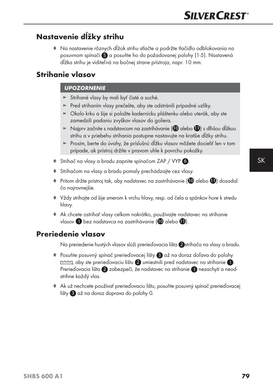 Nastavenie dĺžky strihu, Strihanie vlasov, Preriedenie vlasov | Silvercrest SHBS 600 A1 User Manual | Page 82 / 102