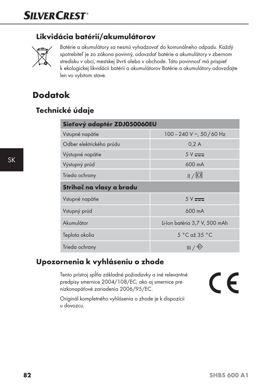 Dodatok, Likvidácia batérií/akumulátorov, Technické údaje | Upozornenia k vyhláseniu o zhode | Silvercrest SHBS 600 A1 User Manual | Page 85 / 102