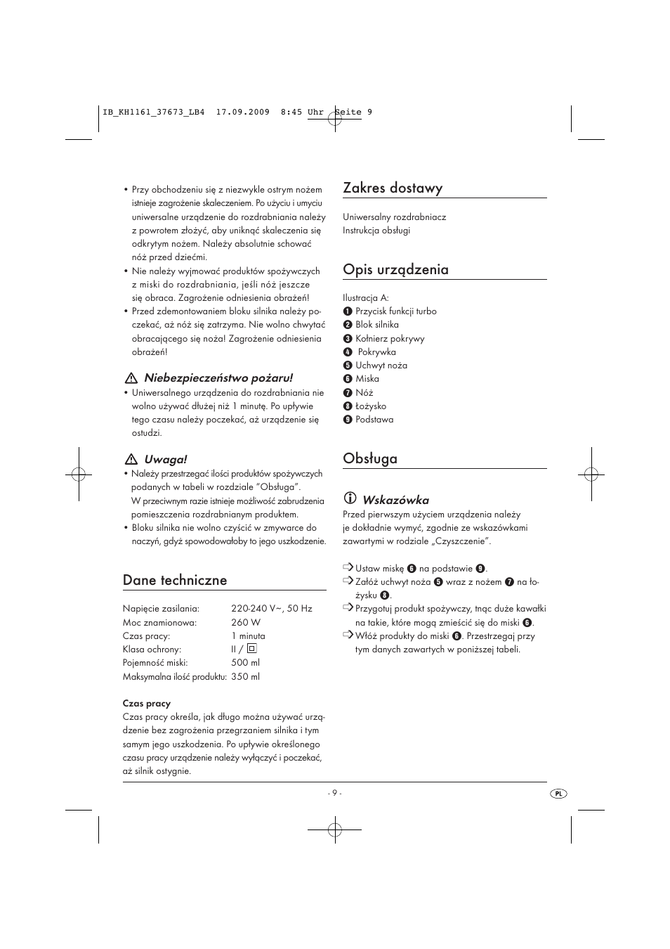 Dane techniczne, Zakres dostawy, Opis urządzenia | Obsługa | Silvercrest KH 1161 User Manual | Page 11 / 50