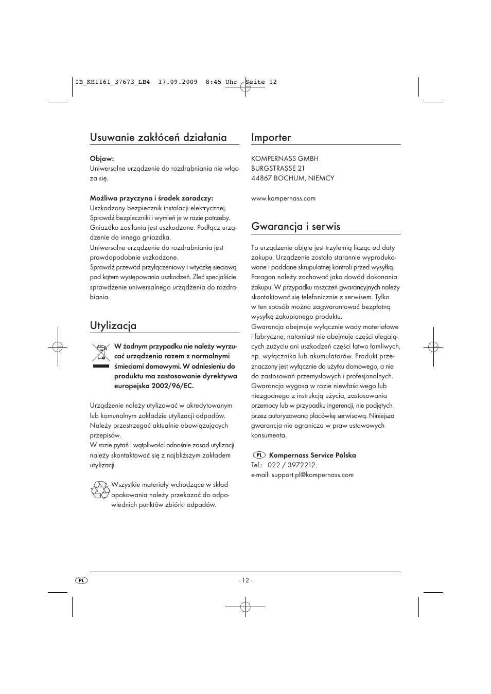 Usuwanie zakłóceń działania, Utylizacja, Importer | Gwarancja i serwis | Silvercrest KH 1161 User Manual | Page 14 / 50