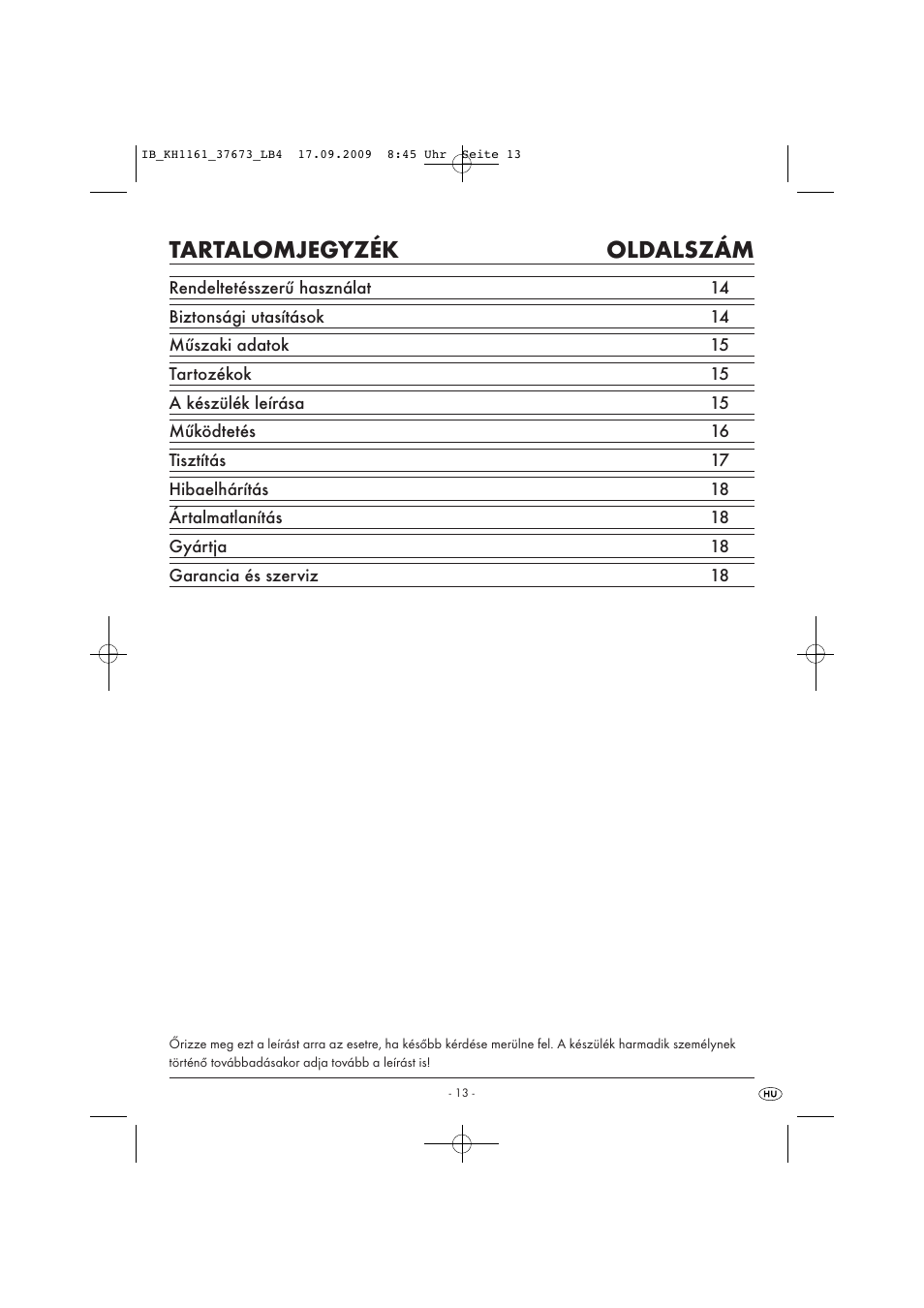 Tartalomjegyzék oldalszám | Silvercrest KH 1161 User Manual | Page 15 / 50
