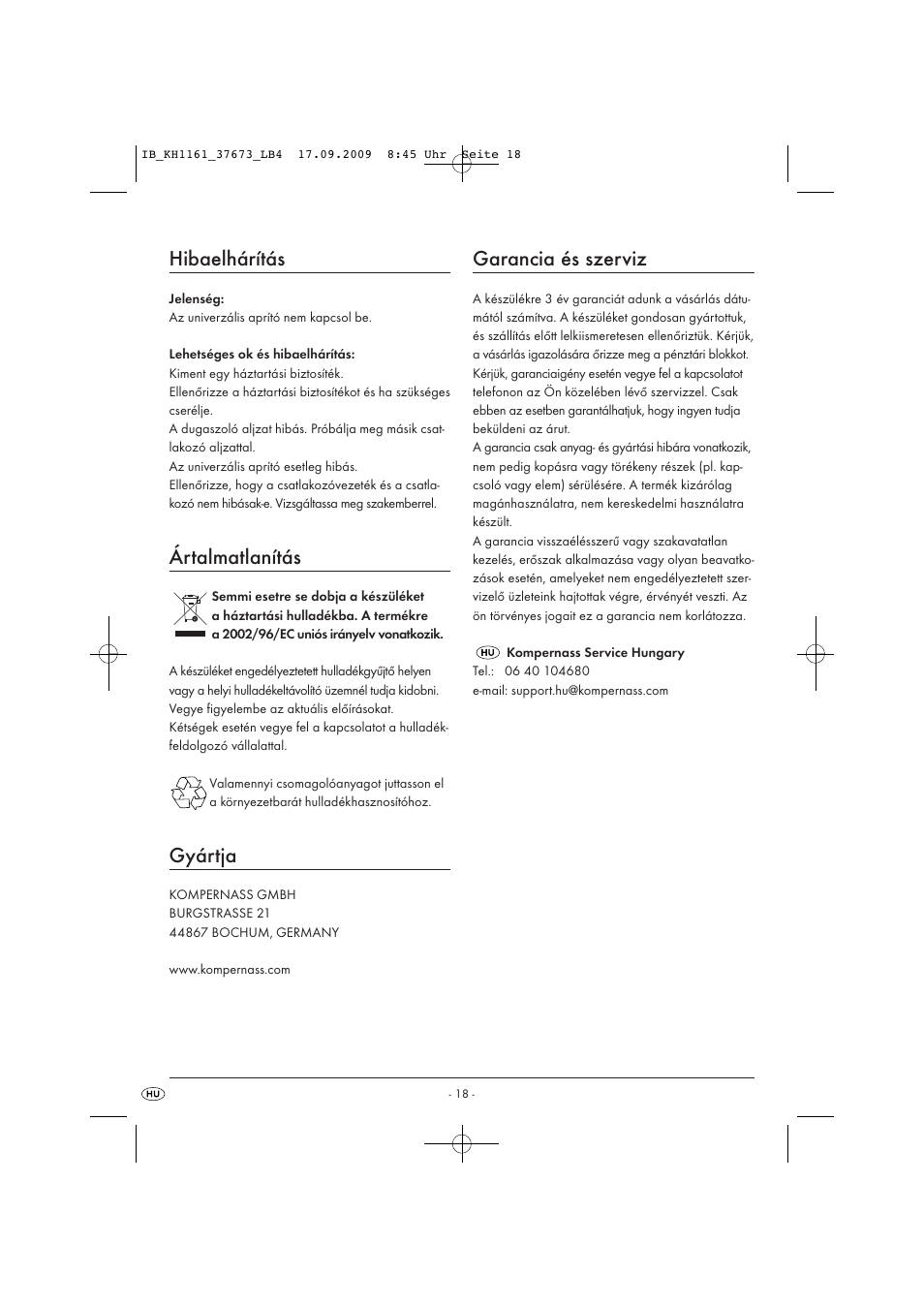 Hibaelhárítás, Ártalmatlanítás, Gyártja | Garancia és szerviz | Silvercrest KH 1161 User Manual | Page 20 / 50