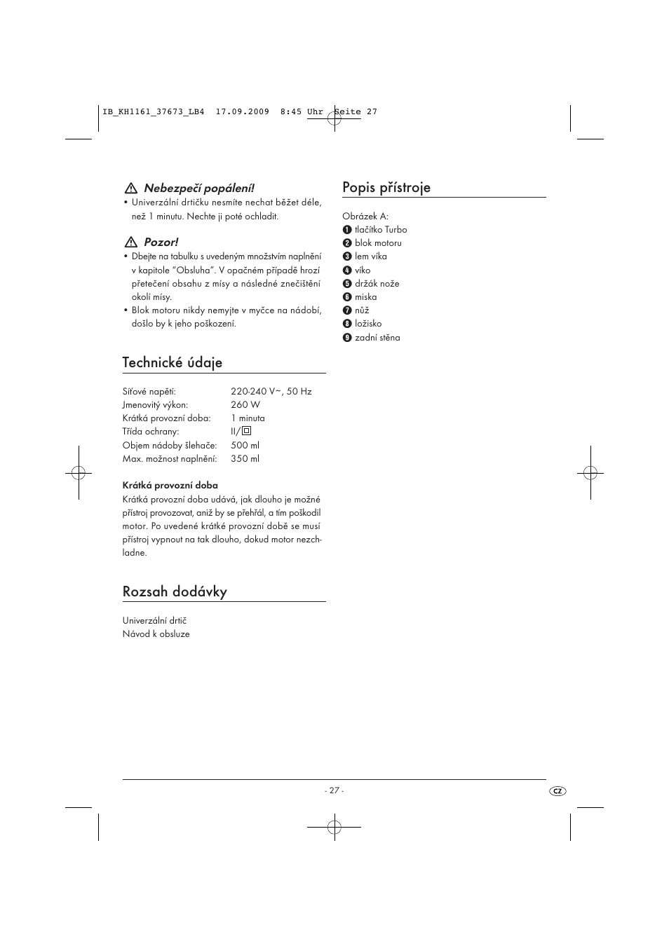 Technické údaje, Rozsah dodávky, Popis přístroje | Nebezpečí popálení, Pozor | Silvercrest KH 1161 User Manual | Page 29 / 50