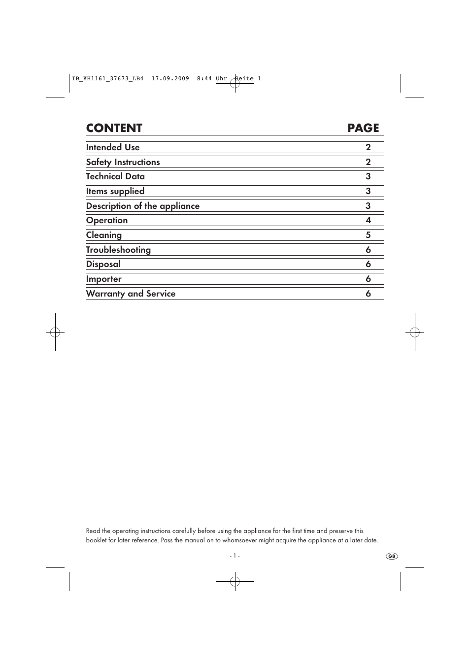 Content page | Silvercrest KH 1161 User Manual | Page 3 / 50