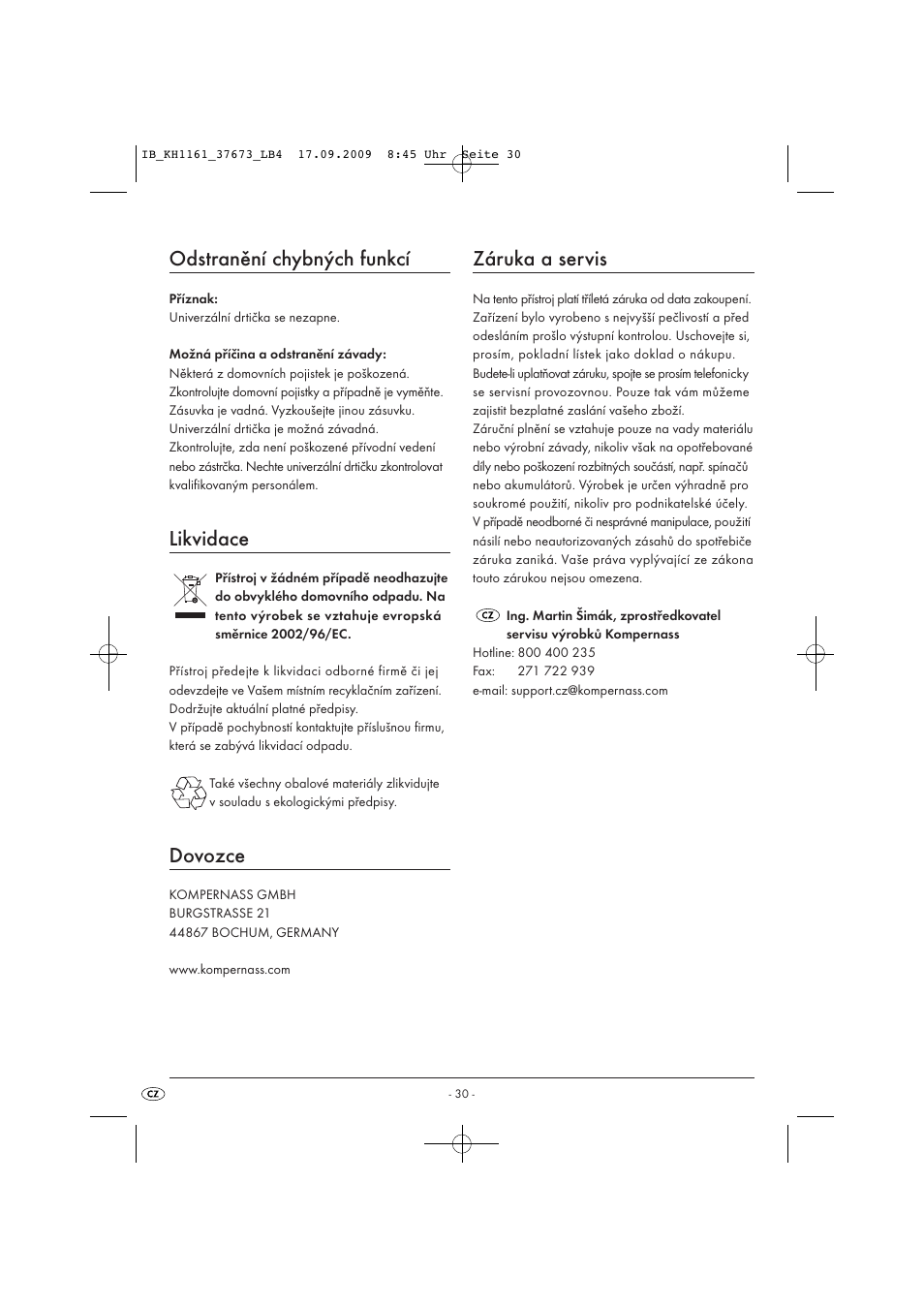 Odstranění chybných funkcí, Likvidace, Dovozce | Záruka a servis | Silvercrest KH 1161 User Manual | Page 32 / 50