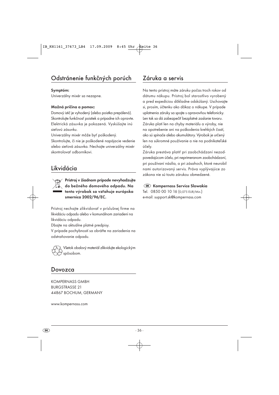 Odstránenie funkčných porúch, Likvidácia, Dovozca | Záruka a servis | Silvercrest KH 1161 User Manual | Page 38 / 50