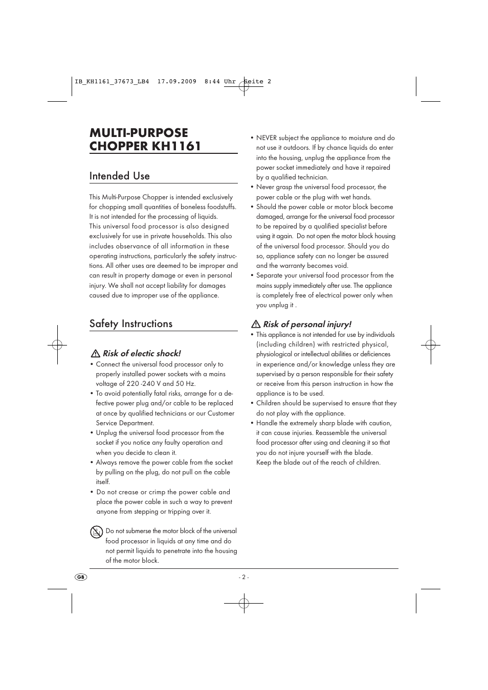 Multi-purpose chopper kh1161, Intended use, Safety instructions | Risk of electic shock, Risk of personal injury | Silvercrest KH 1161 User Manual | Page 4 / 50