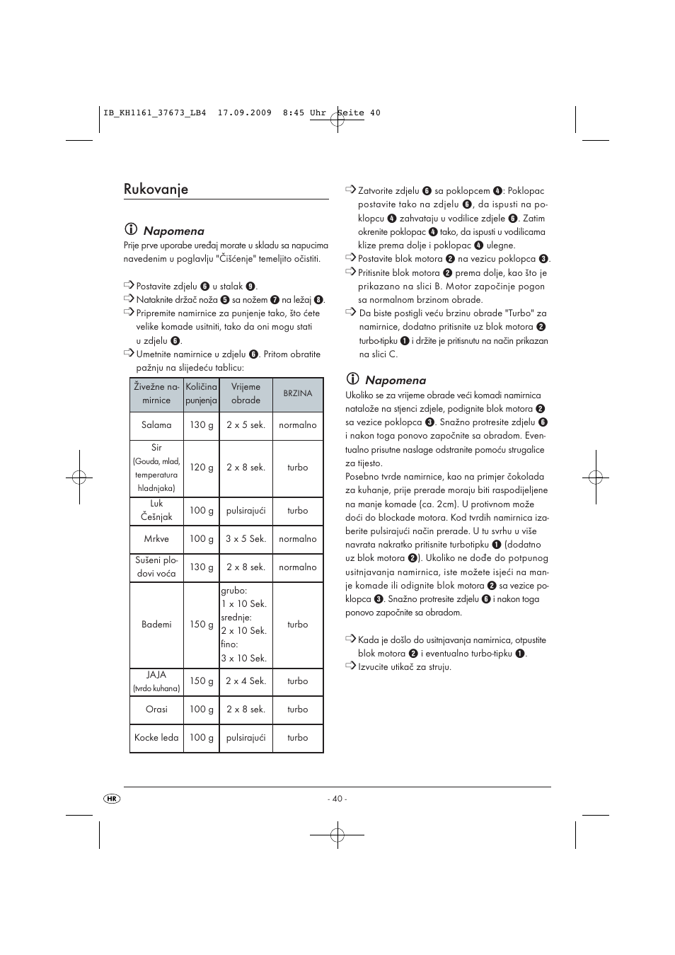 Rukovanje, Napomena | Silvercrest KH 1161 User Manual | Page 42 / 50