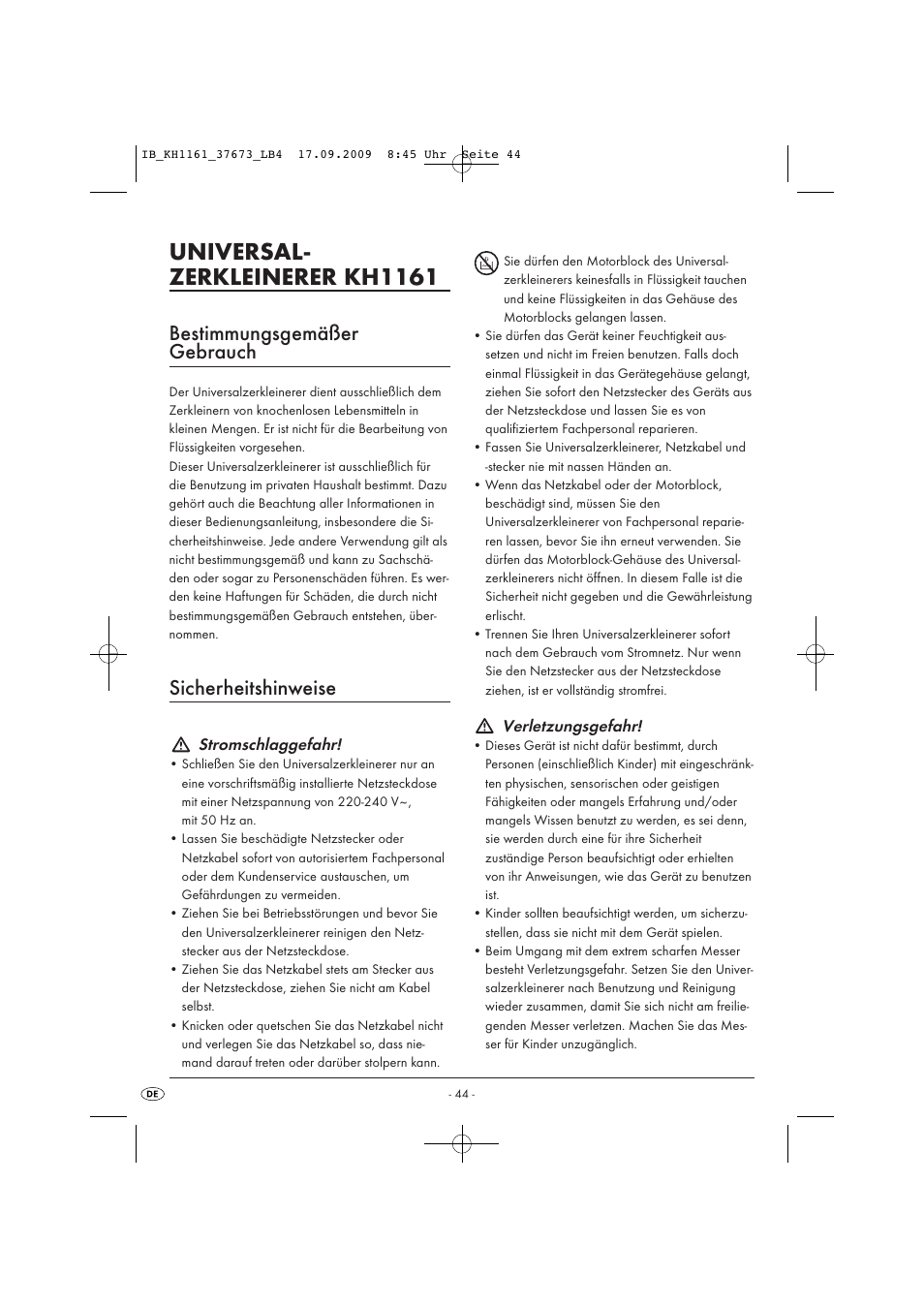 Universal- zerkleinerer kh1161, Bestimmungsgemäßer gebrauch, Sicherheitshinweise | Silvercrest KH 1161 User Manual | Page 46 / 50