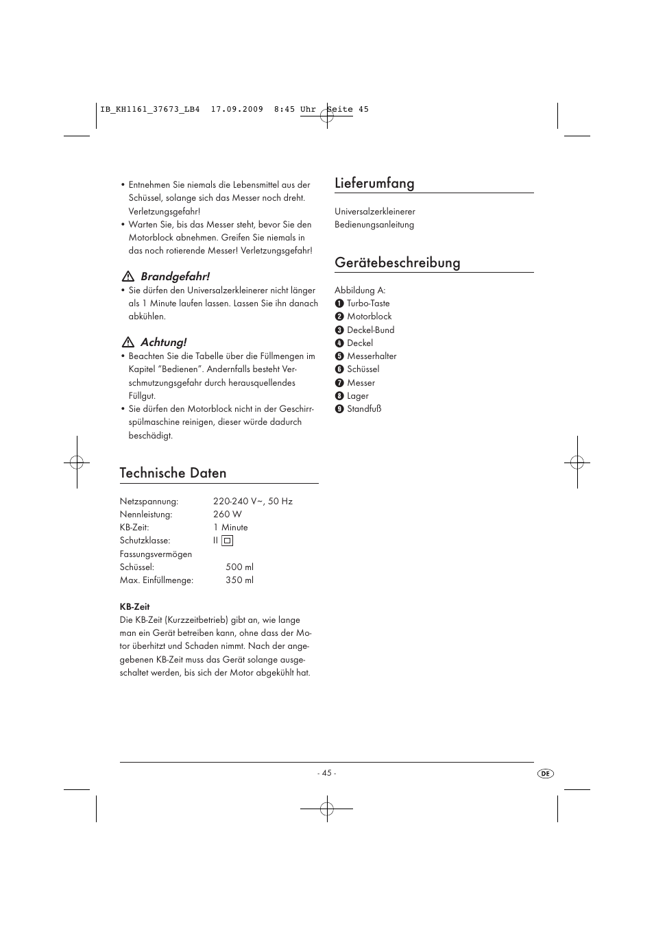 Technische daten, Lieferumfang, Gerätebeschreibung | Brandgefahr, Achtung | Silvercrest KH 1161 User Manual | Page 47 / 50