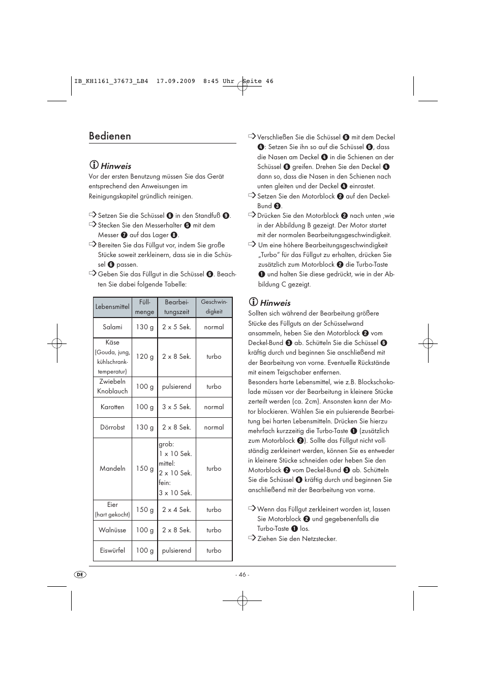 Bedienen, Hinweis | Silvercrest KH 1161 User Manual | Page 48 / 50