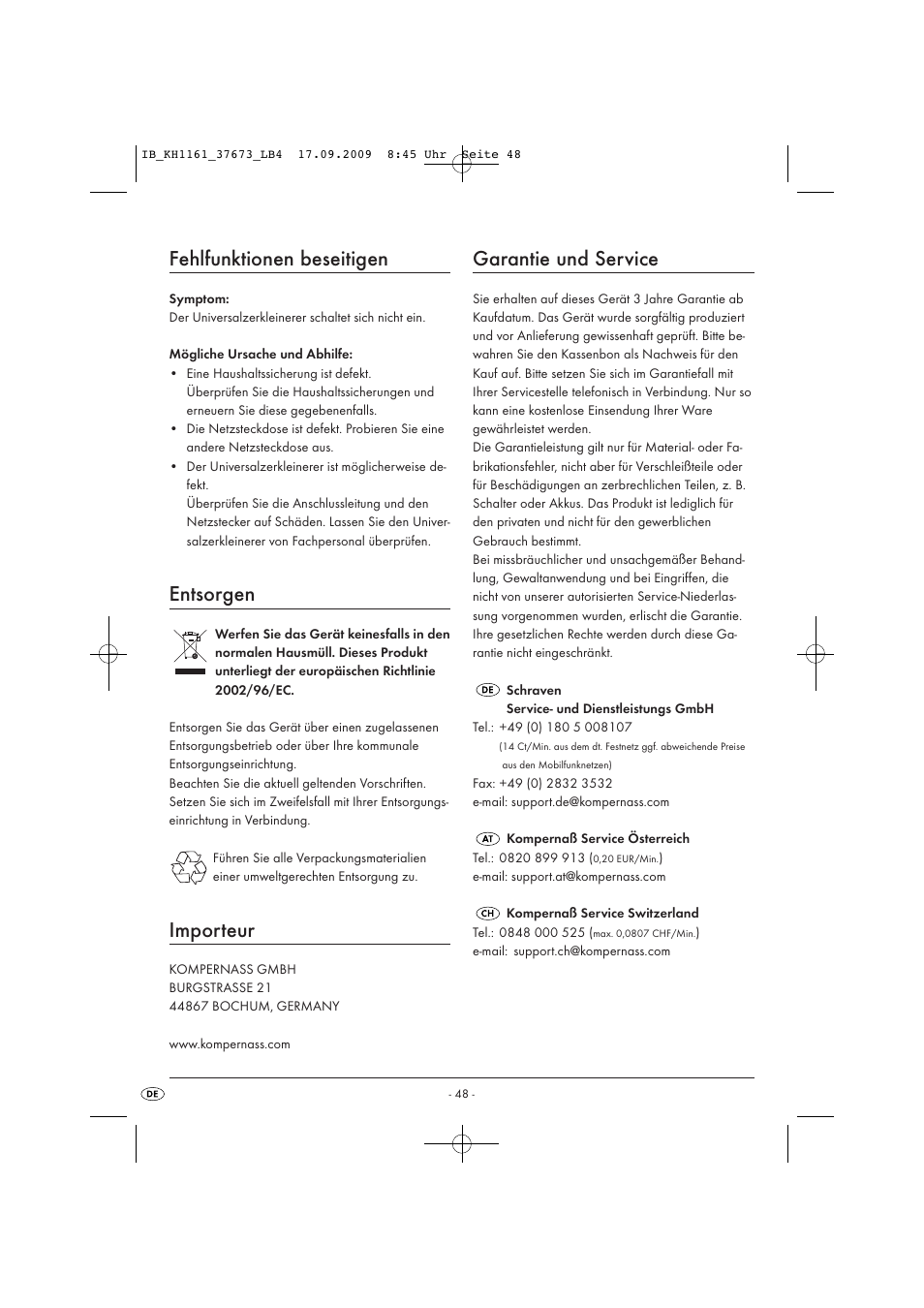 Fehlfunktionen beseitigen, Entsorgen, Importeur | Garantie und service | Silvercrest KH 1161 User Manual | Page 50 / 50