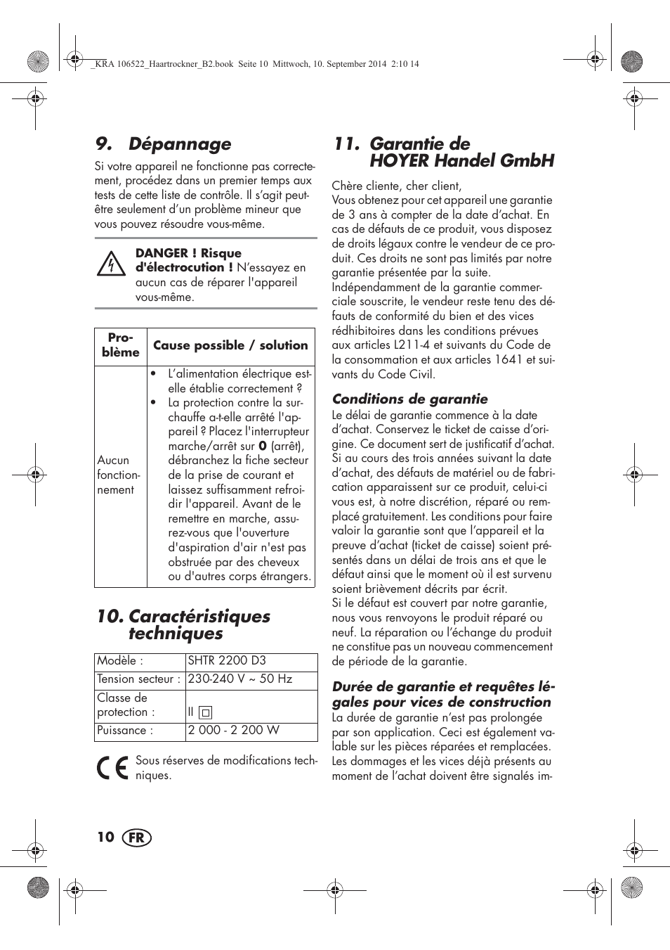 Dépannage, Caractéristiques techniques, Garantie de hoyer handel gmbh | Silvercrest SHTR 2200 D3 User Manual | Page 12 / 46