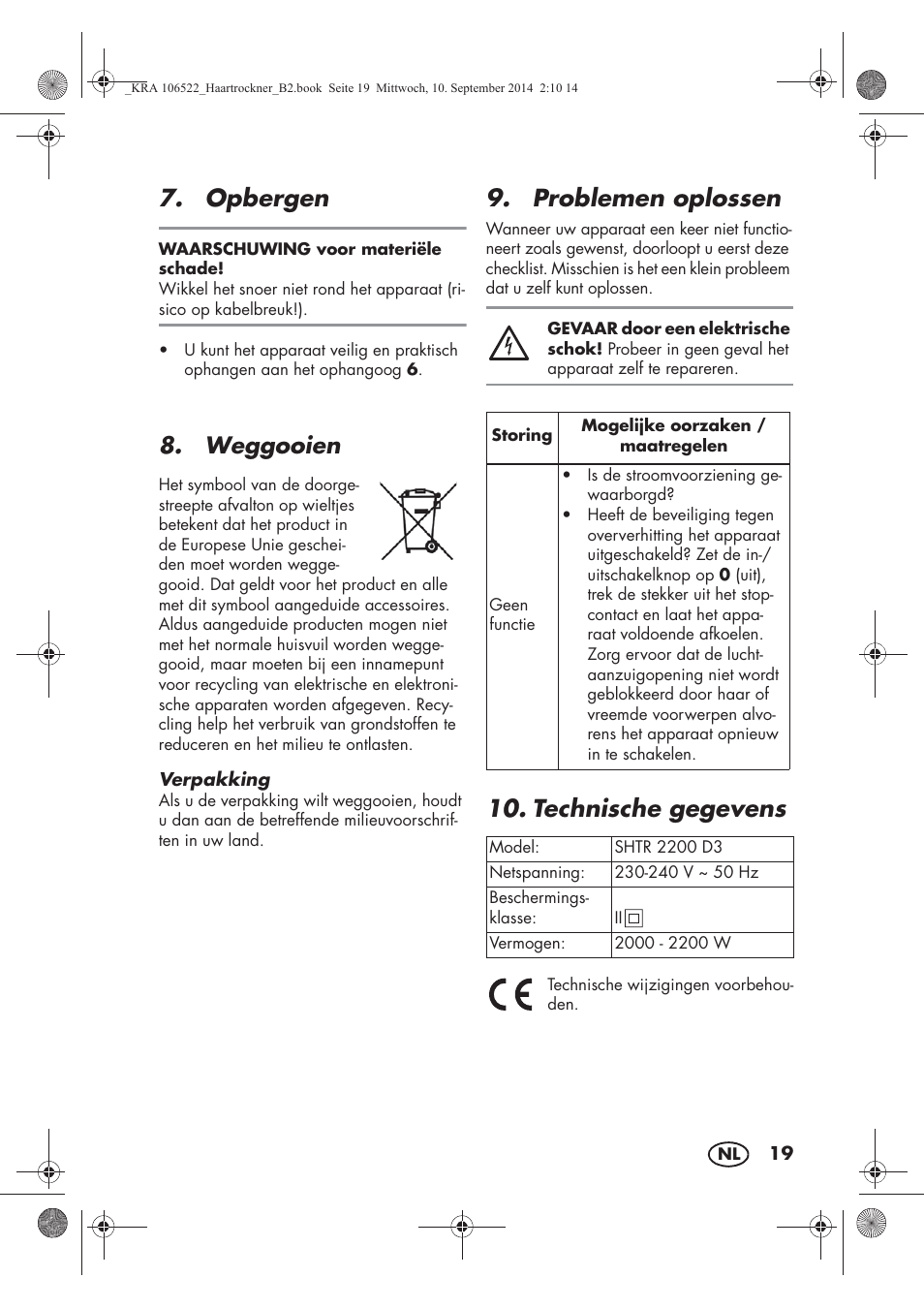 Opbergen, Problemen oplossen, Technische gegevens | Weggooien | Silvercrest SHTR 2200 D3 User Manual | Page 21 / 46