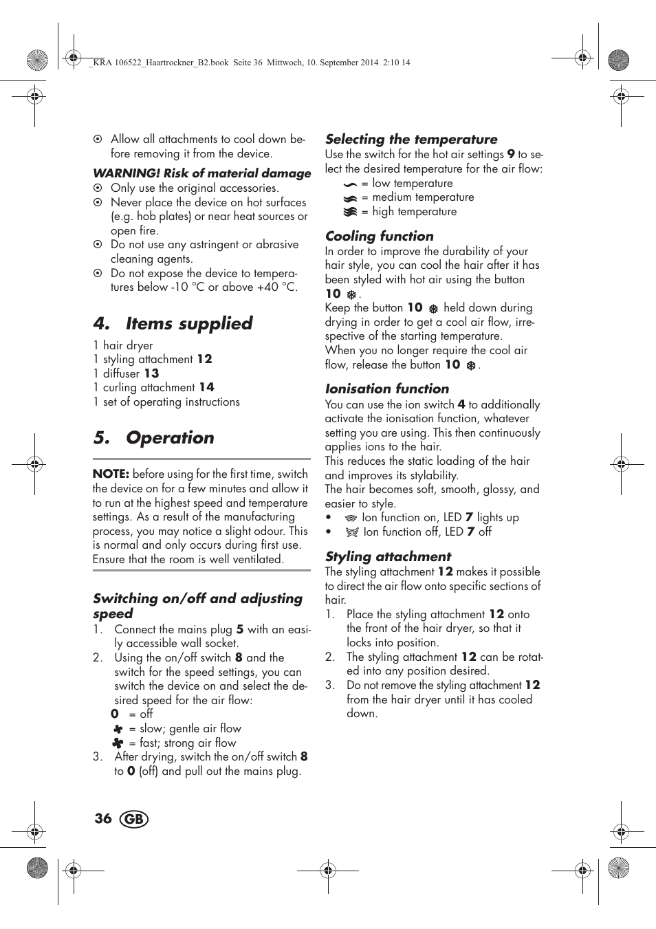 Items supplied, Operation | Silvercrest SHTR 2200 D3 User Manual | Page 38 / 46