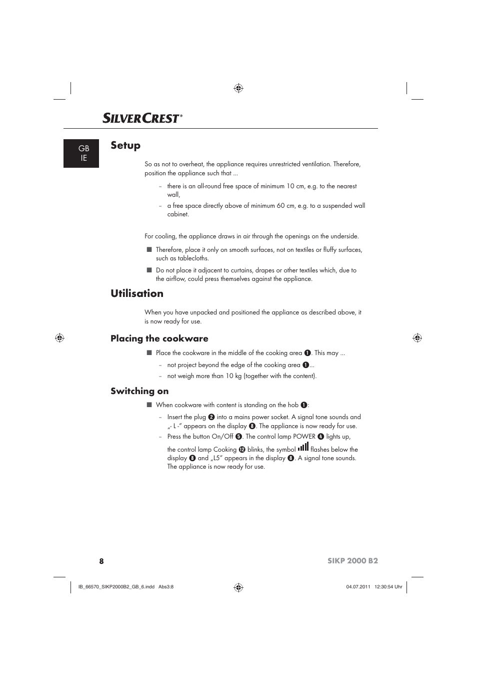 Setup, Utilisation, Placing the cookware | Switching on, Gb ie | Silvercrest SIKP 2000 B2 User Manual | Page 10 / 17