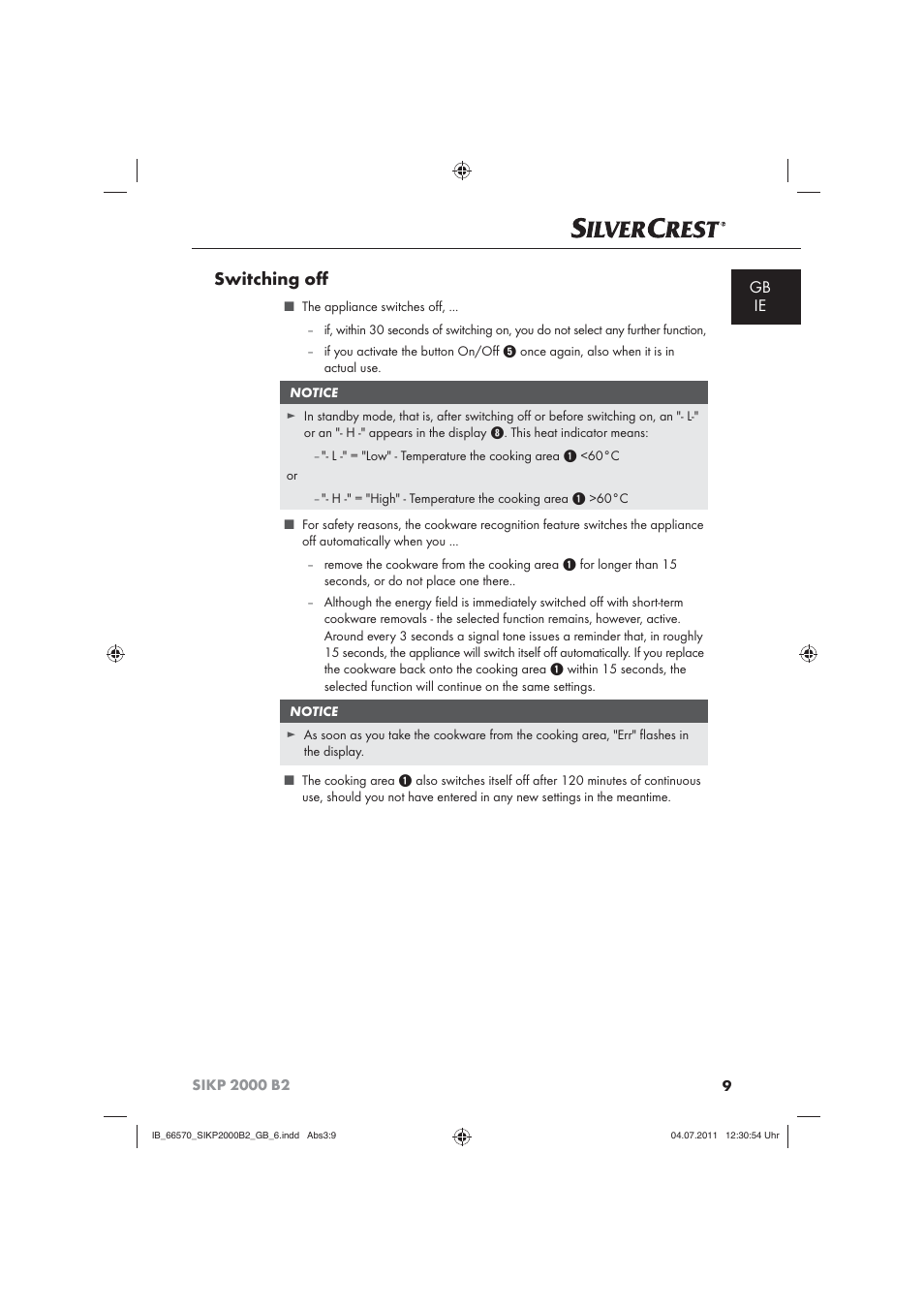Switching oﬀ, Gb ie | Silvercrest SIKP 2000 B2 User Manual | Page 11 / 17