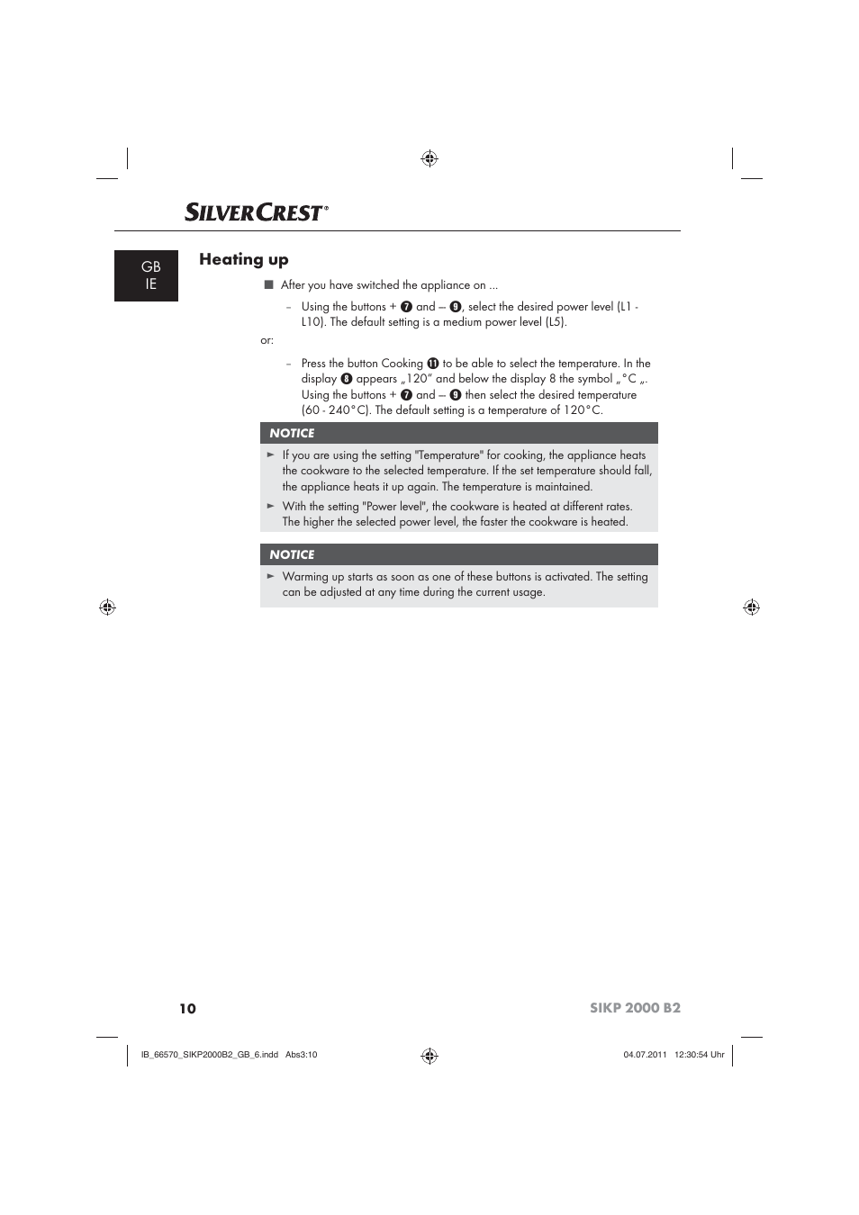 Heating up, Gb ie | Silvercrest SIKP 2000 B2 User Manual | Page 12 / 17
