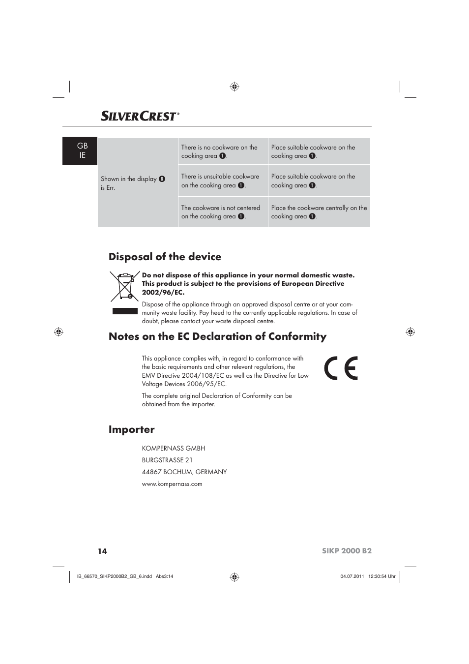 Disposal of the device, Importer, Gb ie | Silvercrest SIKP 2000 B2 User Manual | Page 16 / 17