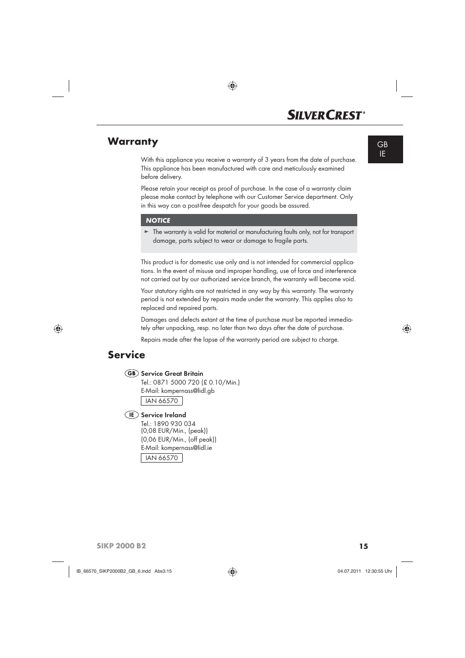 Warranty, Service, Gb ie | Silvercrest SIKP 2000 B2 User Manual | Page 17 / 17