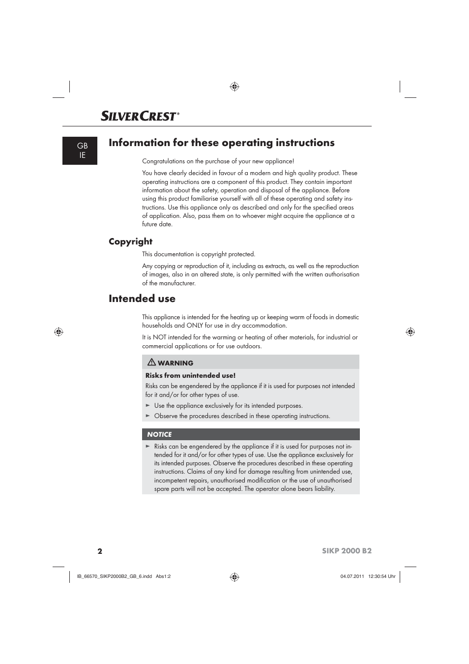Information for these operating instructions, Intended use, Copyright | Gb ie | Silvercrest SIKP 2000 B2 User Manual | Page 4 / 17