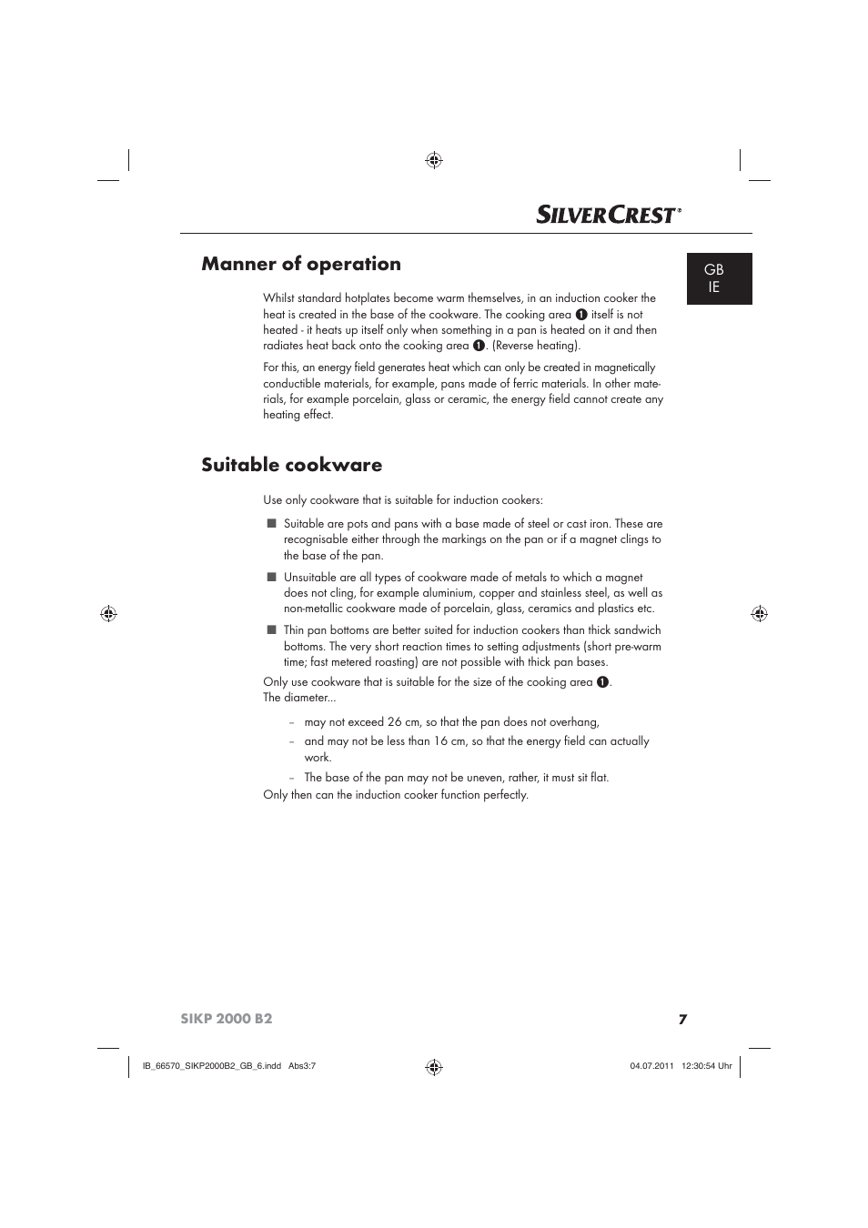 Manner of operation, Suitable cookware, Gb ie | Silvercrest SIKP 2000 B2 User Manual | Page 9 / 17