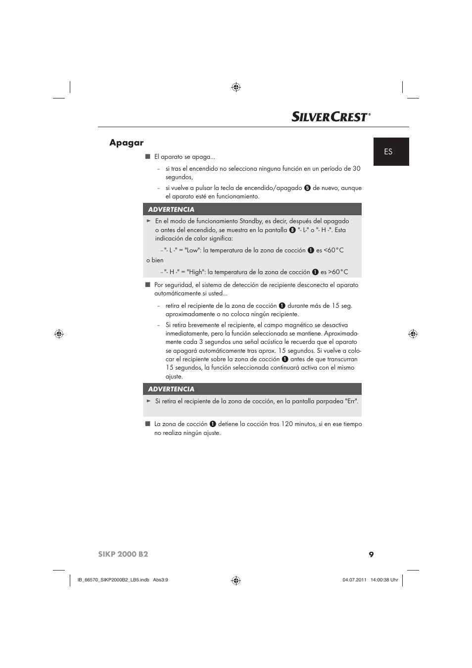 Apagar | Silvercrest SIKP 2000 B2 User Manual | Page 11 / 81