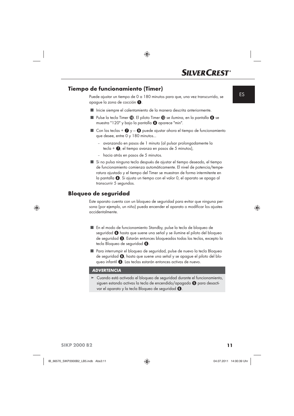 Tiempo de funcionamiento (timer), Bloqueo de seguridad | Silvercrest SIKP 2000 B2 User Manual | Page 13 / 81