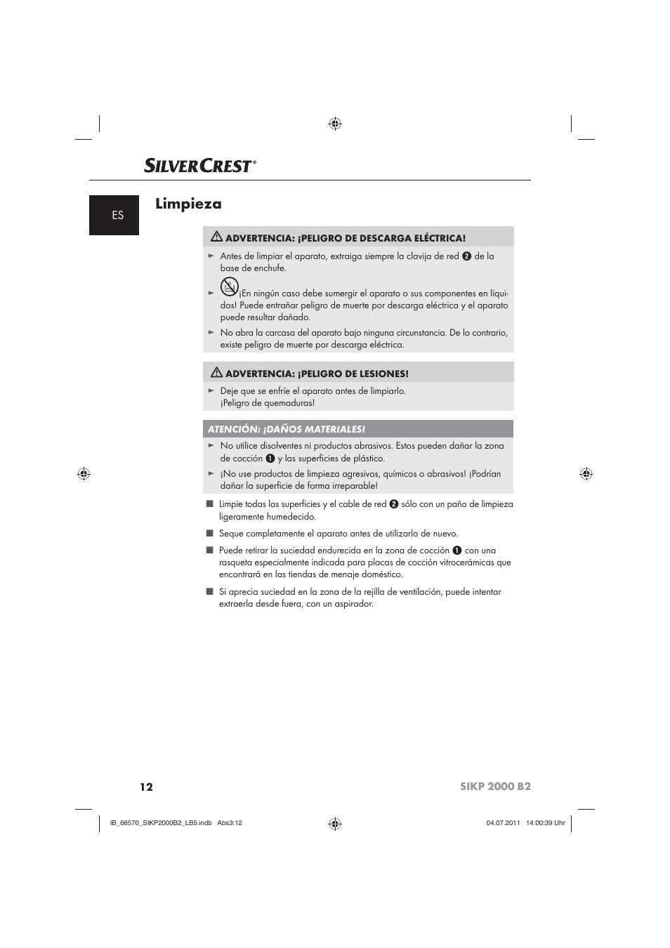 Limpieza | Silvercrest SIKP 2000 B2 User Manual | Page 14 / 81